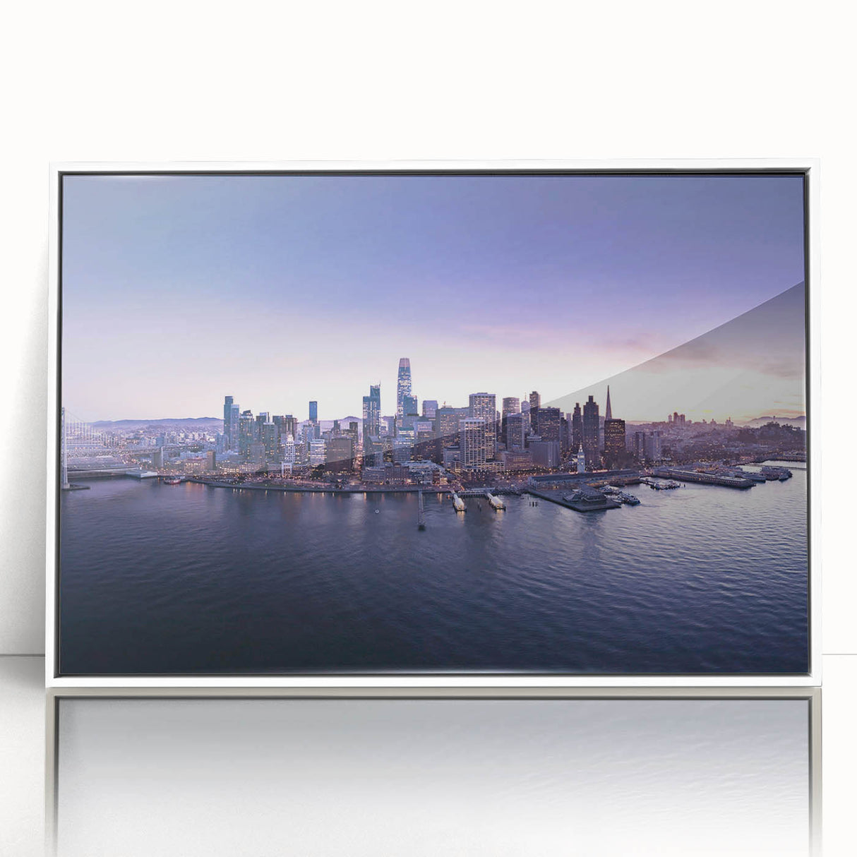 Art deco poster of San Francisco skyline in muted gray and blue tones, framed in white acrylic.