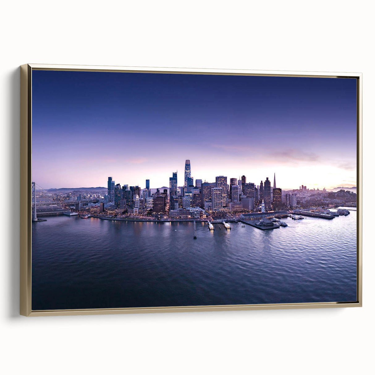 Framed canvas of San Francisco landscape in vintage poster style with muted gold and black tones, ideal for bedroom wall art.