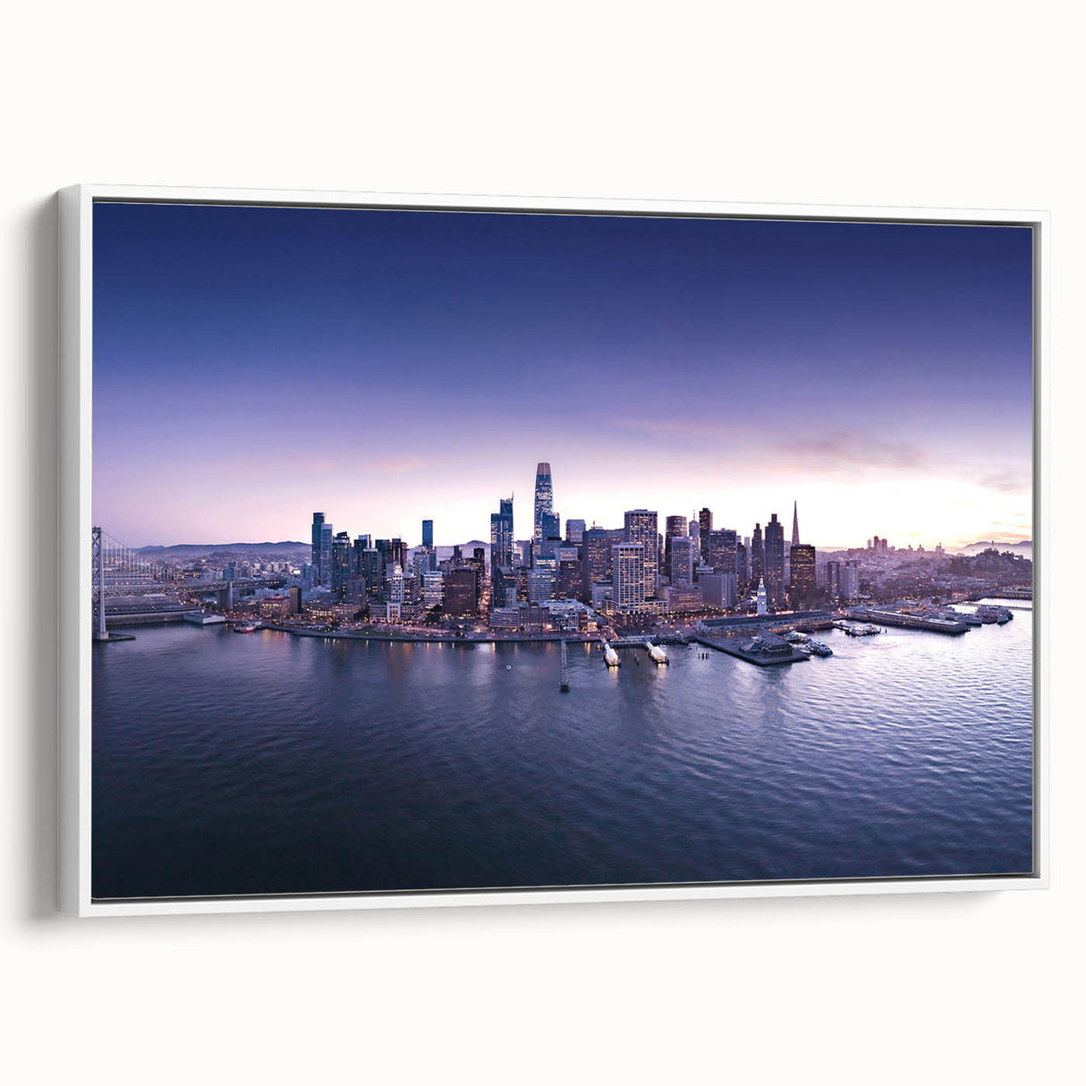 Vintage poster art of San Francisco skyline in vibrant colors on a large framed canvas, ideal for living room decor.