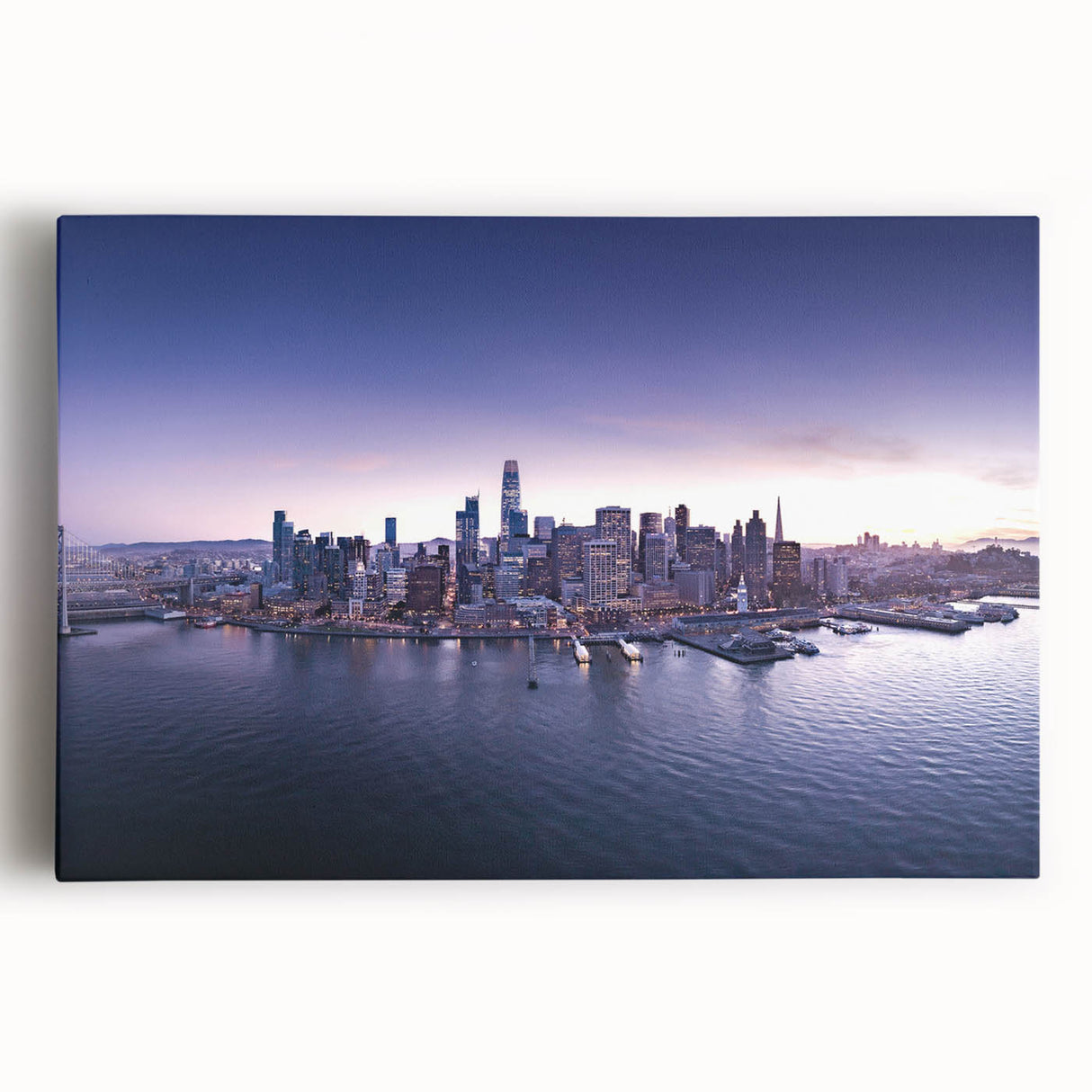 Black and white large art print of San Francisco skyline on stretched canvas, ideal for kitchen wall art.
