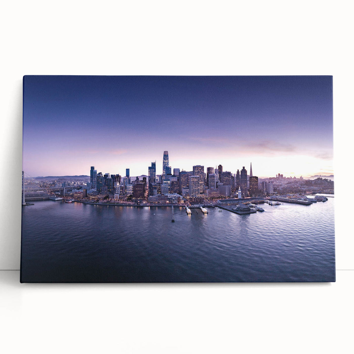 Black and white large art print of San Francisco skyline on stretched canvas, ideal for kitchen wall art.