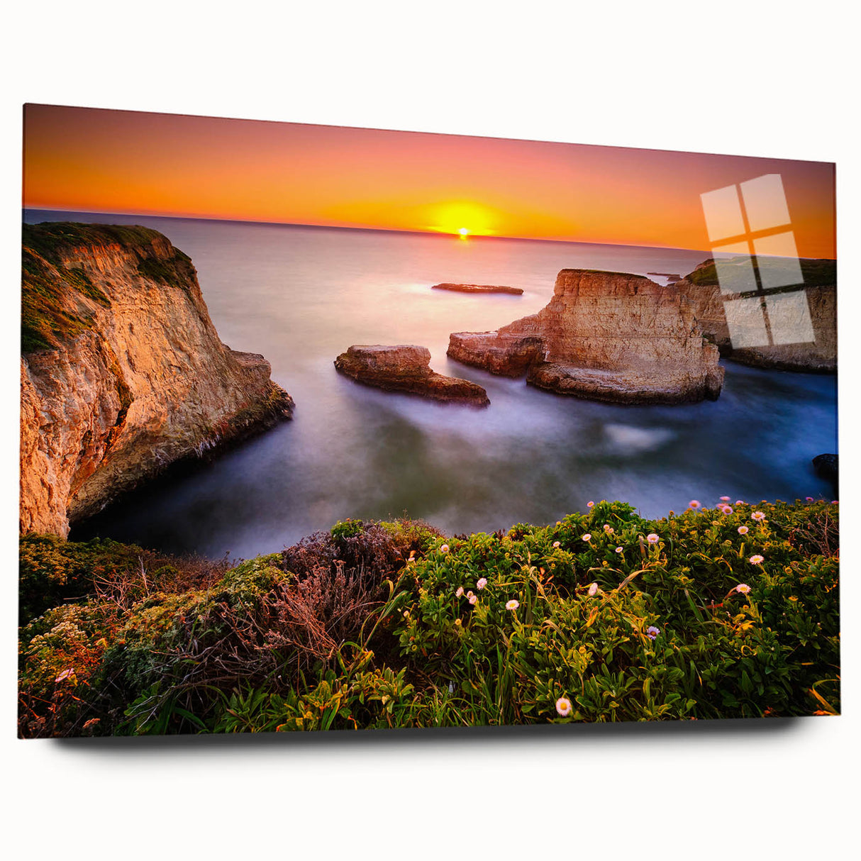 Large abstract wall art of Santa Cruz scenery in muted blue and green tones on acrylic glass.