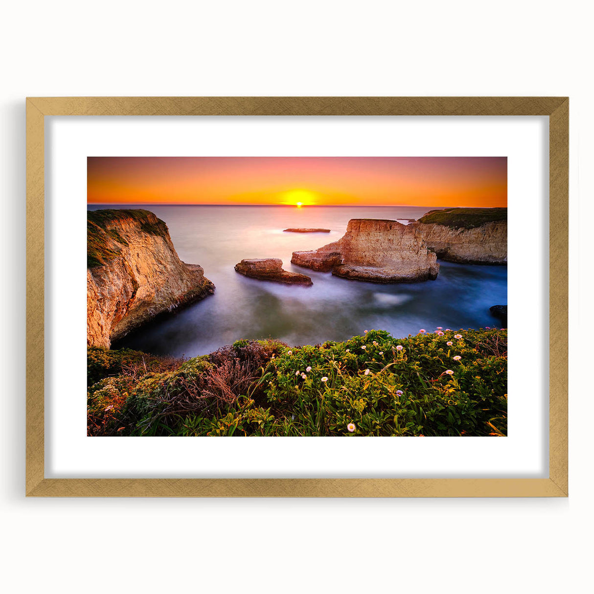 Extra large abstract art print featuring textured scenery of Santa Cruz in muted earth tones, framed in gold.