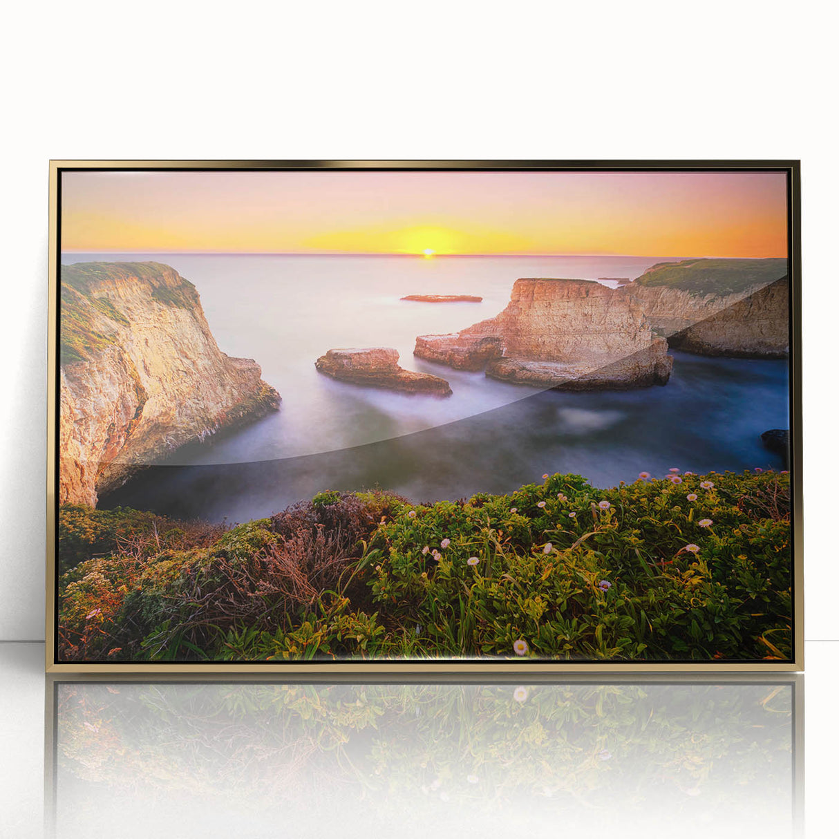 Large acrylic print of Santa Cruz scenery in gold frame, featuring mid-century modernist style, ideal for nursery wall decor.