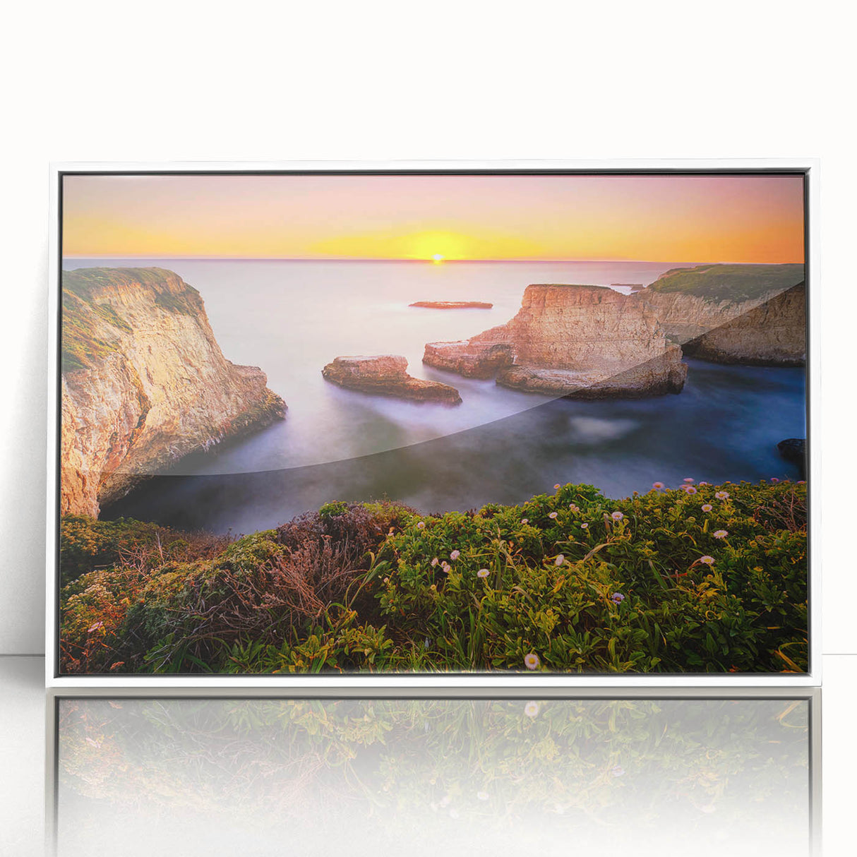 Art deco poster of Santa Cruz scenery in pastel hues on white framed acrylic, suitable for modern nursery wall decor.