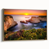 Framed canvas wall art featuring a vintage-style landscape painting of Santa Cruz with gold accents, ideal for bedroom decor.