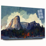 Large abstract depiction of Yosemite scenery in muted earth tones on acrylic glass, ideal for bedroom or dining room art.