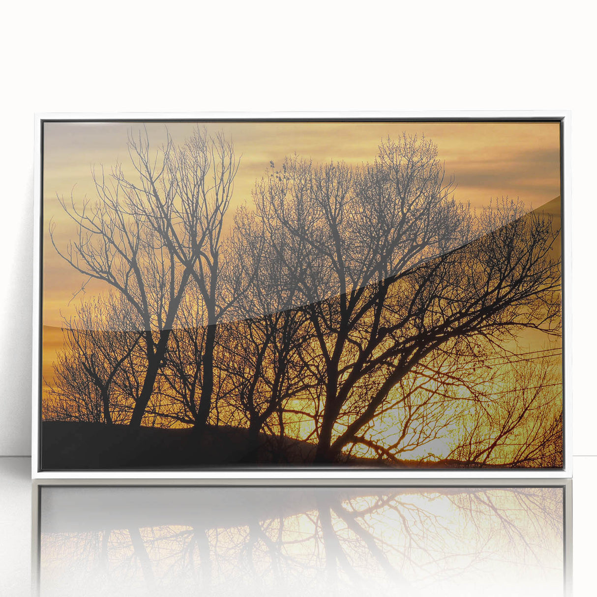 Acrylic print of Vail, Colorado scenery in muted winter colors, framed in white.
