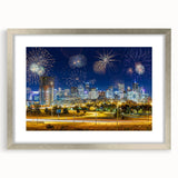 Textured art print depicting an abstract Denver skyline in muted earth tones on a framed silver mat.