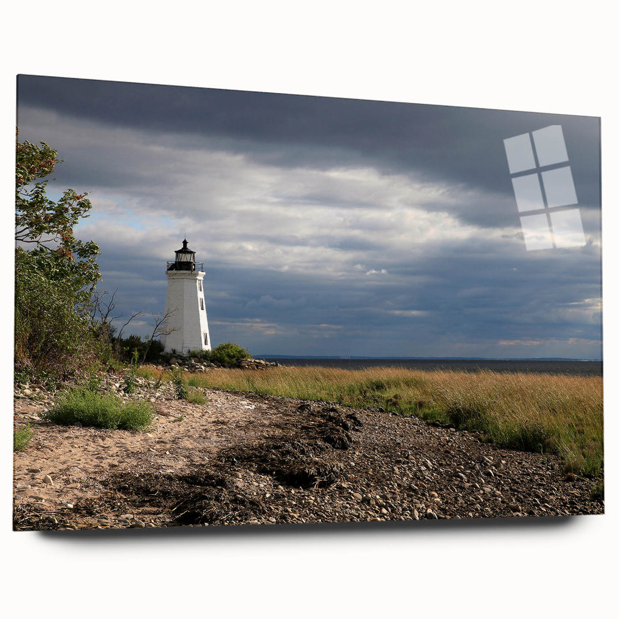Large abstract depiction of Connecticut scenery in muted earth tones on acrylic glass.