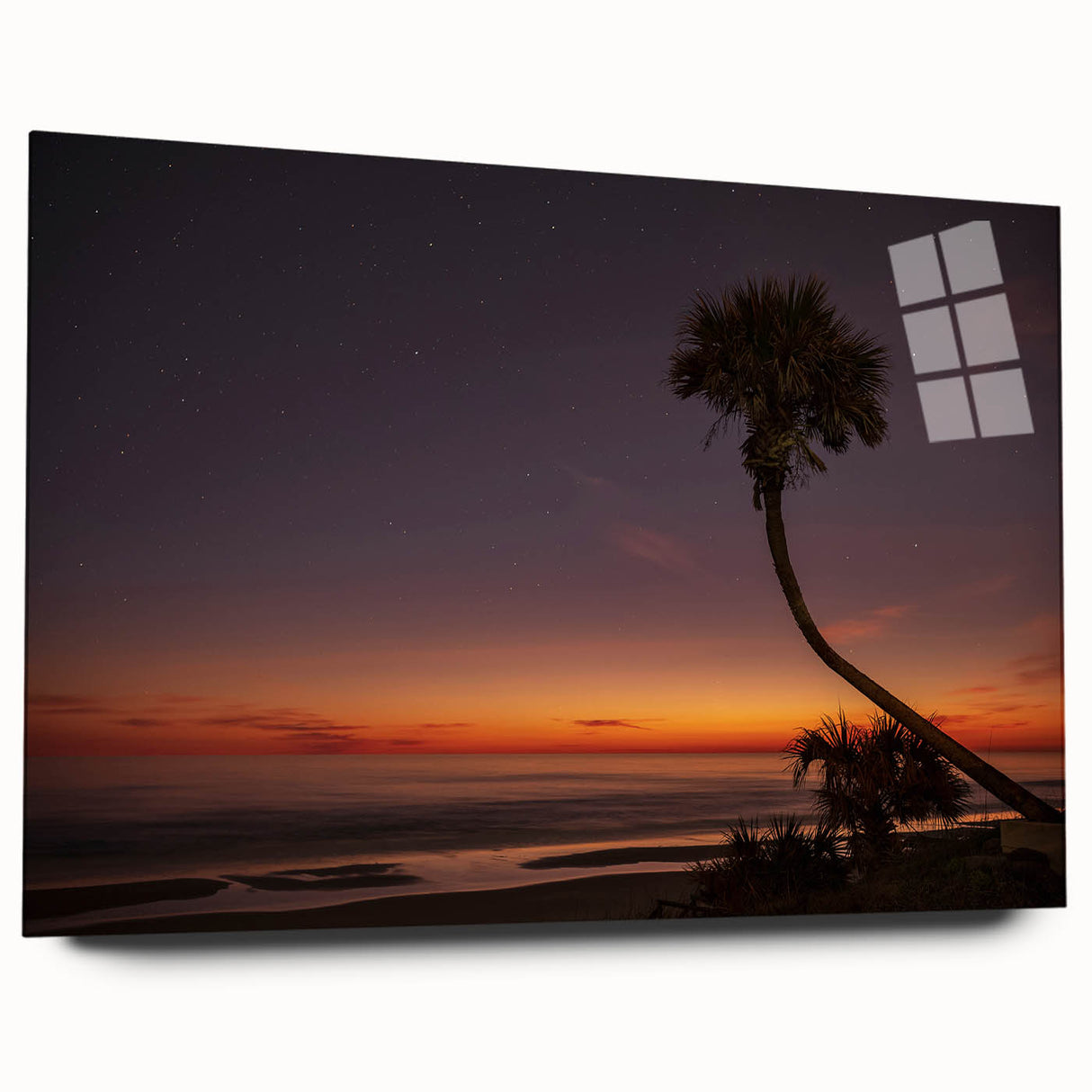 Large abstract wall art of Daytona scenery in muted blue and gray on acrylic glass.