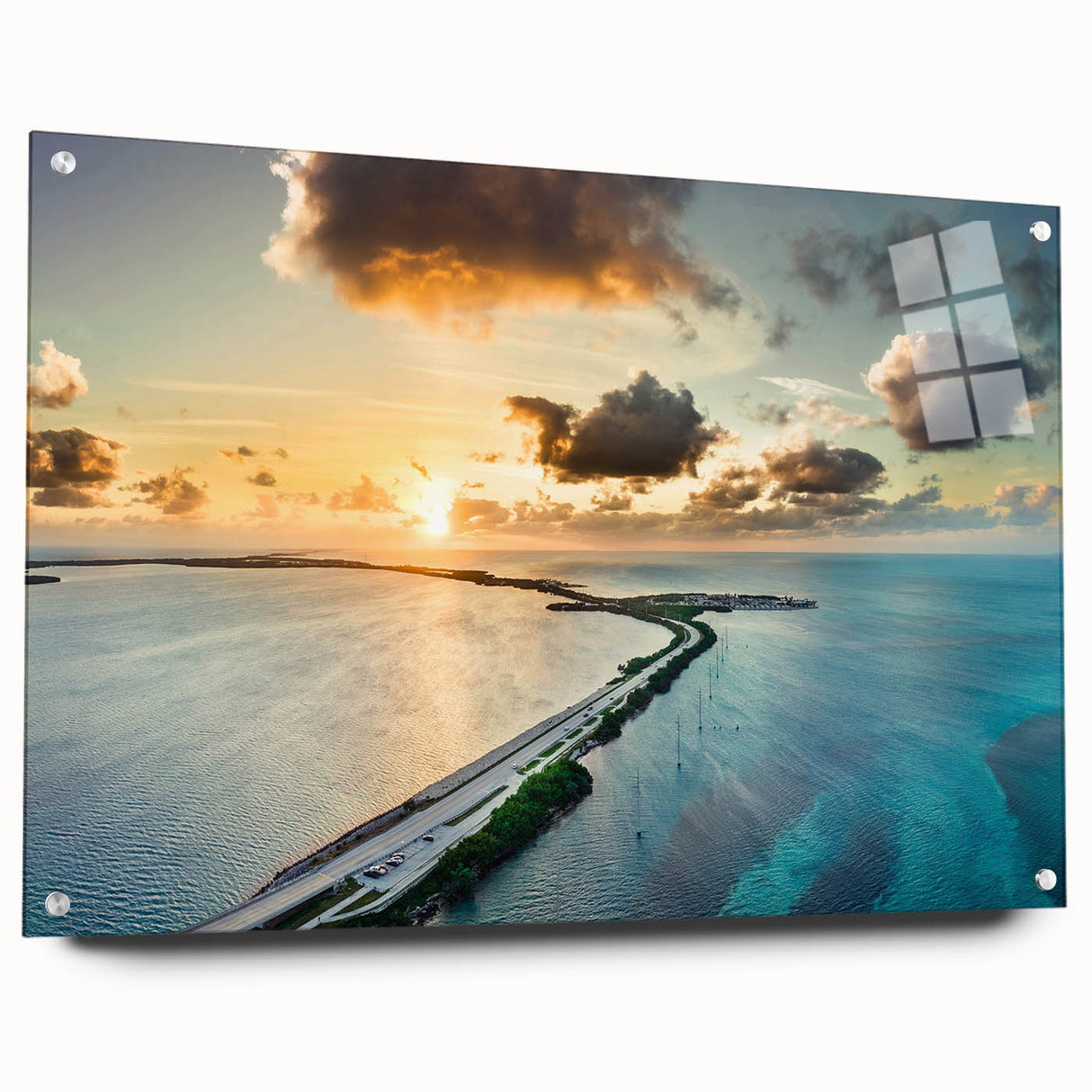 Acrylic print of the Florida Keys scenery in blues and greens, ideal for dining room decor.