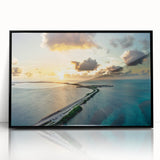 Large abstract wall art depicting the Florida Keys in vibrant blues and greens on a framed acrylic.