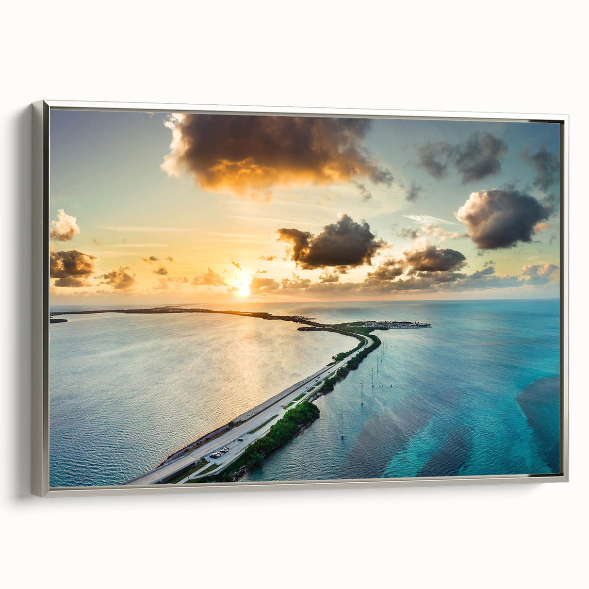 Framed canvas featuring a vintage-style landscape painting of the Florida Keys with vibrant.