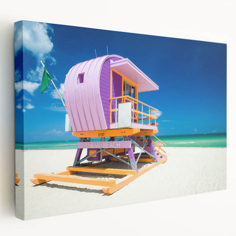 Abstract Miami skyline in vibrant sunset colors on large stretched canvas, suitable for kitchen wall art.
