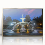 Mid-century modernist style Savannah, Georgia scenery on a framed acrylic print with gold accents.