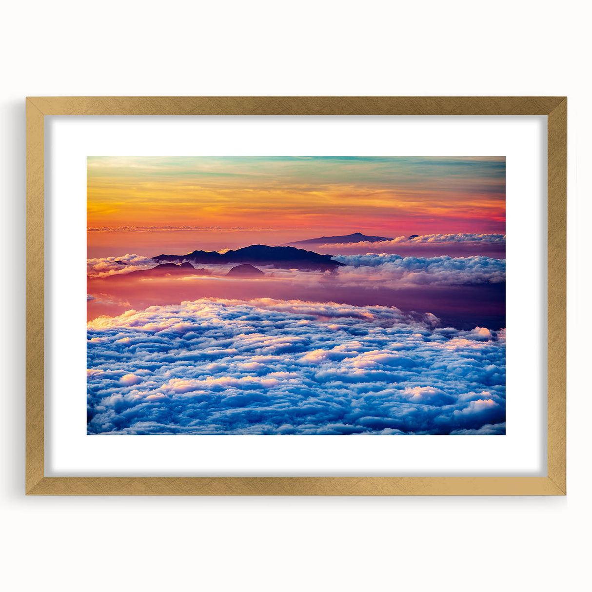 Extra large wall art featuring an abstract Maui coastline in textured gold and blue hues, ideal for living room decor.