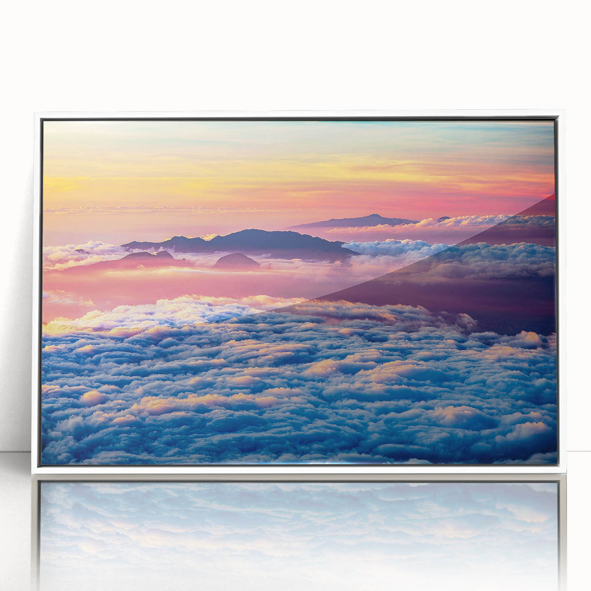 Framed acrylic print of a Maui, Hawaii scenery in art deco style, using soft pastel colors.