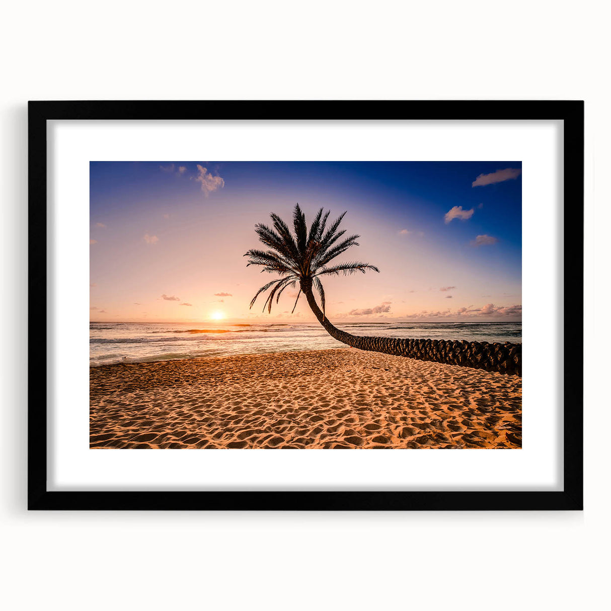 Extra large abstract art print of Oahu, Hawaii, in vibrant, textured colors on a framed black mat.