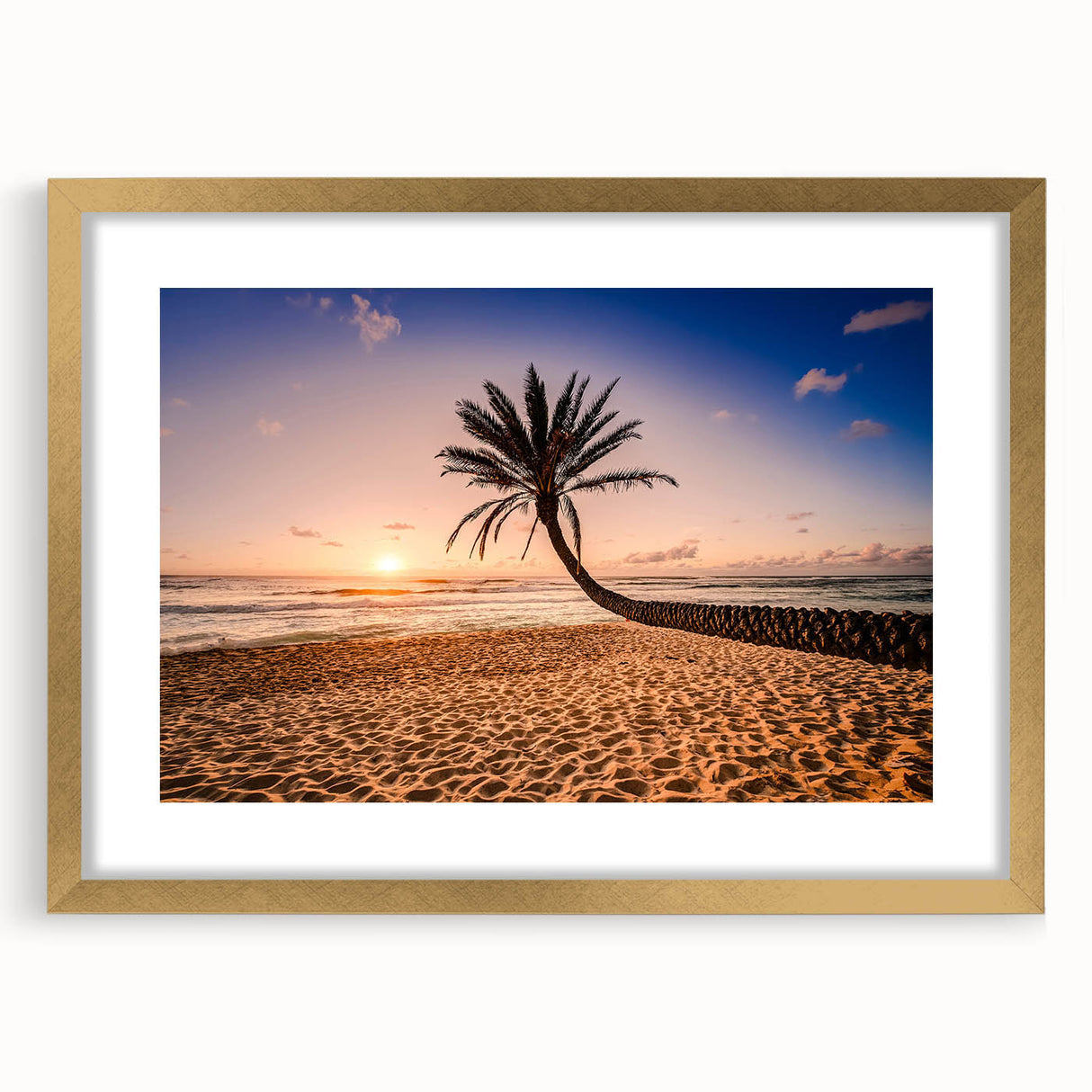 Extra large wall art featuring abstract depiction of Oahu, Hawaii in textured gold and blue tones on a framed canvas.