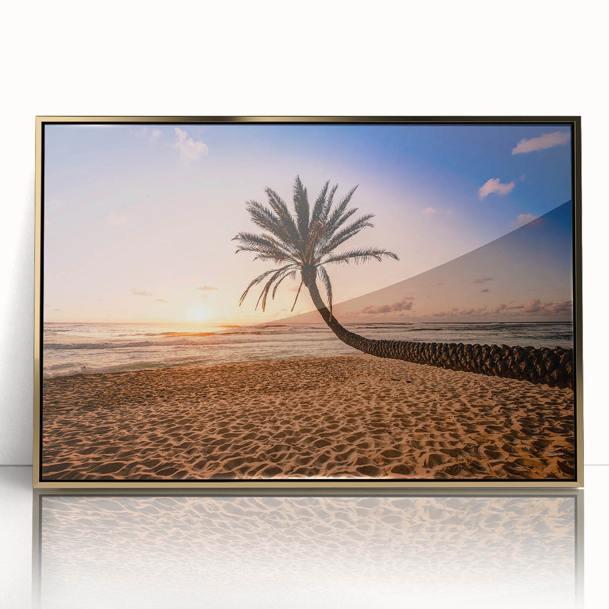 Mid-century modernist acrylic print of Oahu scenery, with muted green and blue tones, framed in gold.