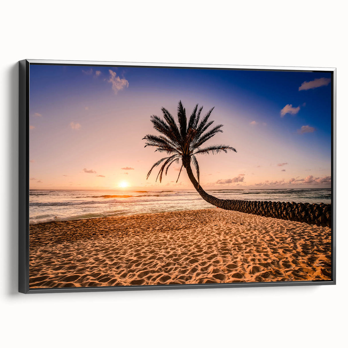 Black and white wall art of Oahu, Hawaii landscape on framed canvas, ideal for bedroom decor.