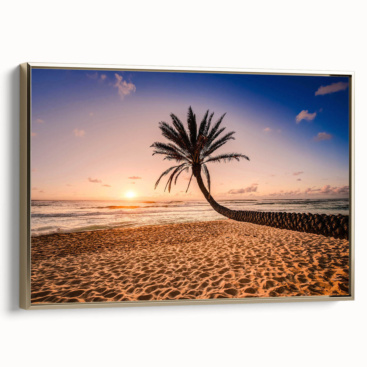 Framed canvas depicting a vintage-style landscape of Oahu, Hawaii, with muted earth tones, ideal for bedroom wall art.