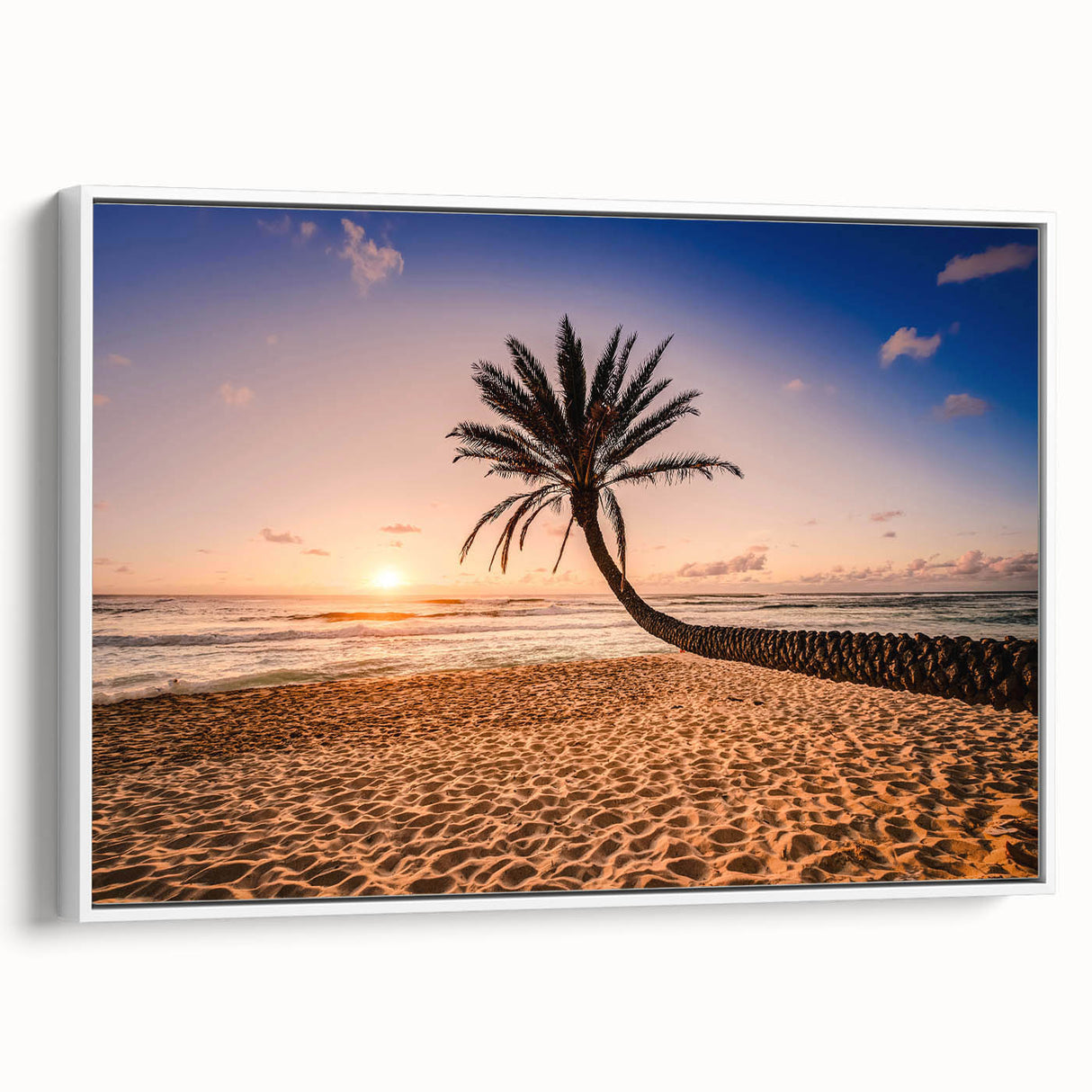 Framed canvas of a vintage poster art depicting the Oahu, Hawaii scenery in vibrant colors, ideal for living room decor.