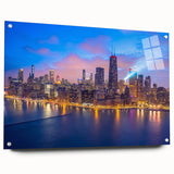 Acrylic print of large abstract Chicago skyline in muted blue and gray tones, ideal for dining room art.