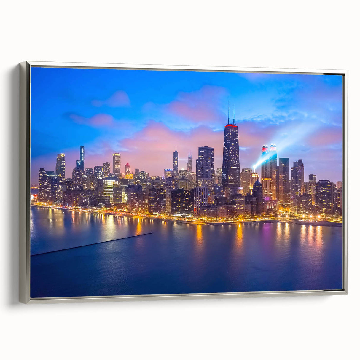 Framed canvas of a vintage Chicago skyline in muted black and silver tones, suitable for office decor.