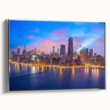 Framed canvas of a vintage Chicago skyline in muted black and silver tones, suitable for office decor.