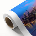Art Deco style poster of Chicago skyline in muted blue tones on rolled canvas, ideal for nursery wall art.