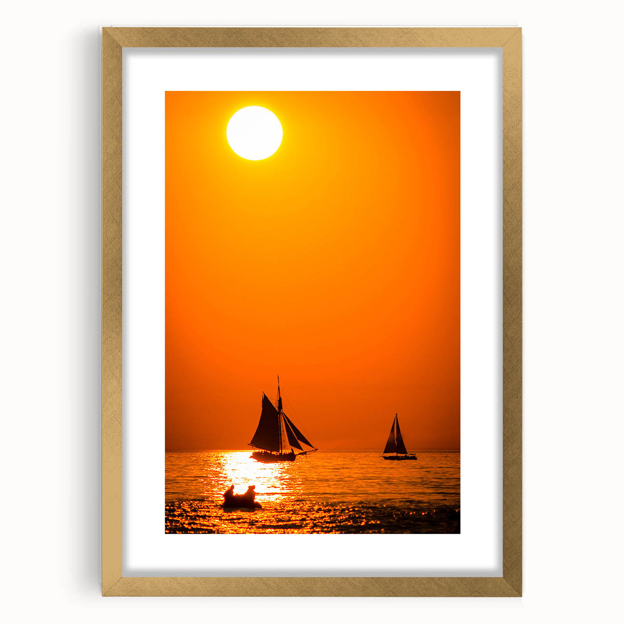 Extra large abstract art print of Lake Michigan in textured blues and grays, framed in gold, ideal for living room decor.