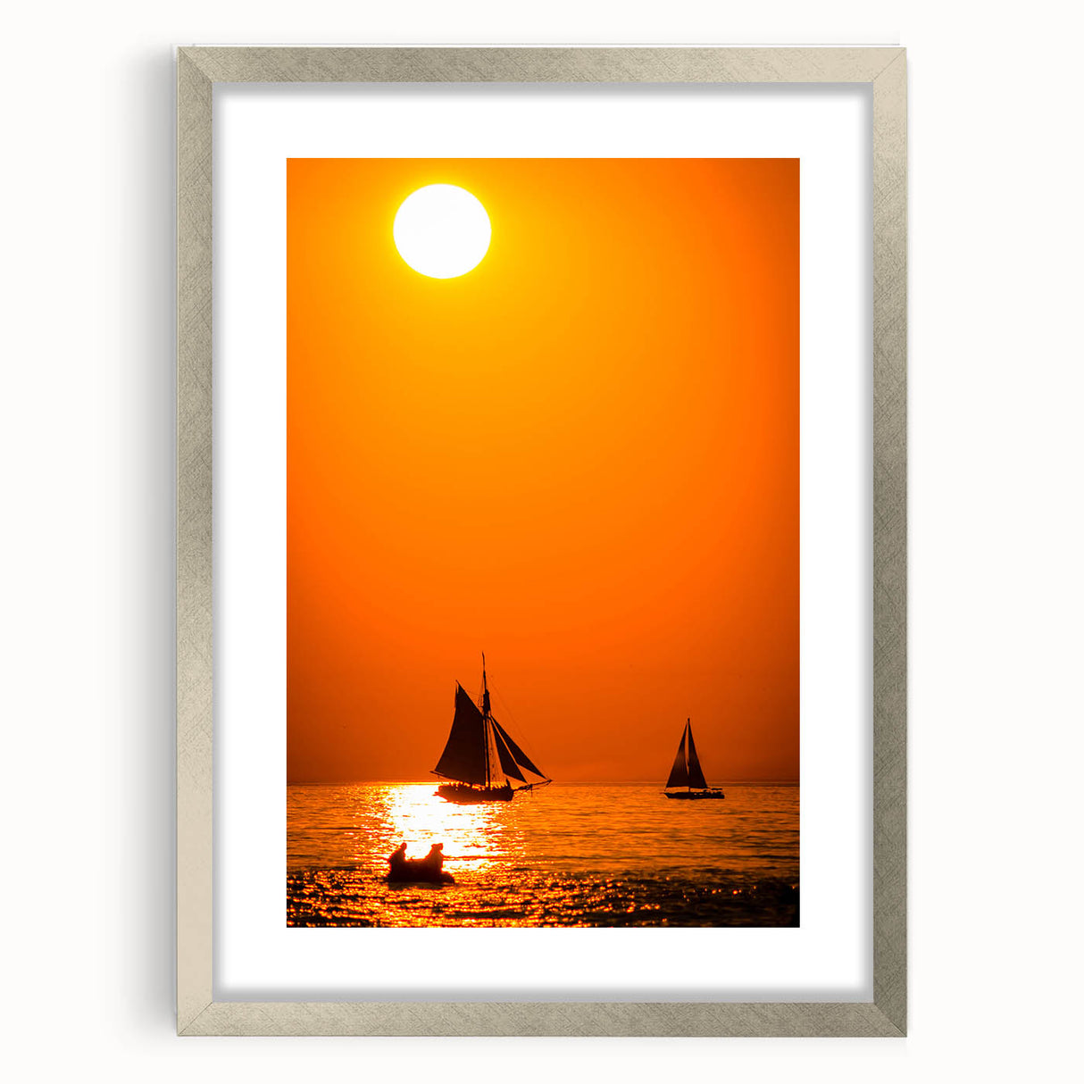 Textured art print of Lake Michigan in abstract style, with muted blue and gray tones on a silver-framed mat.