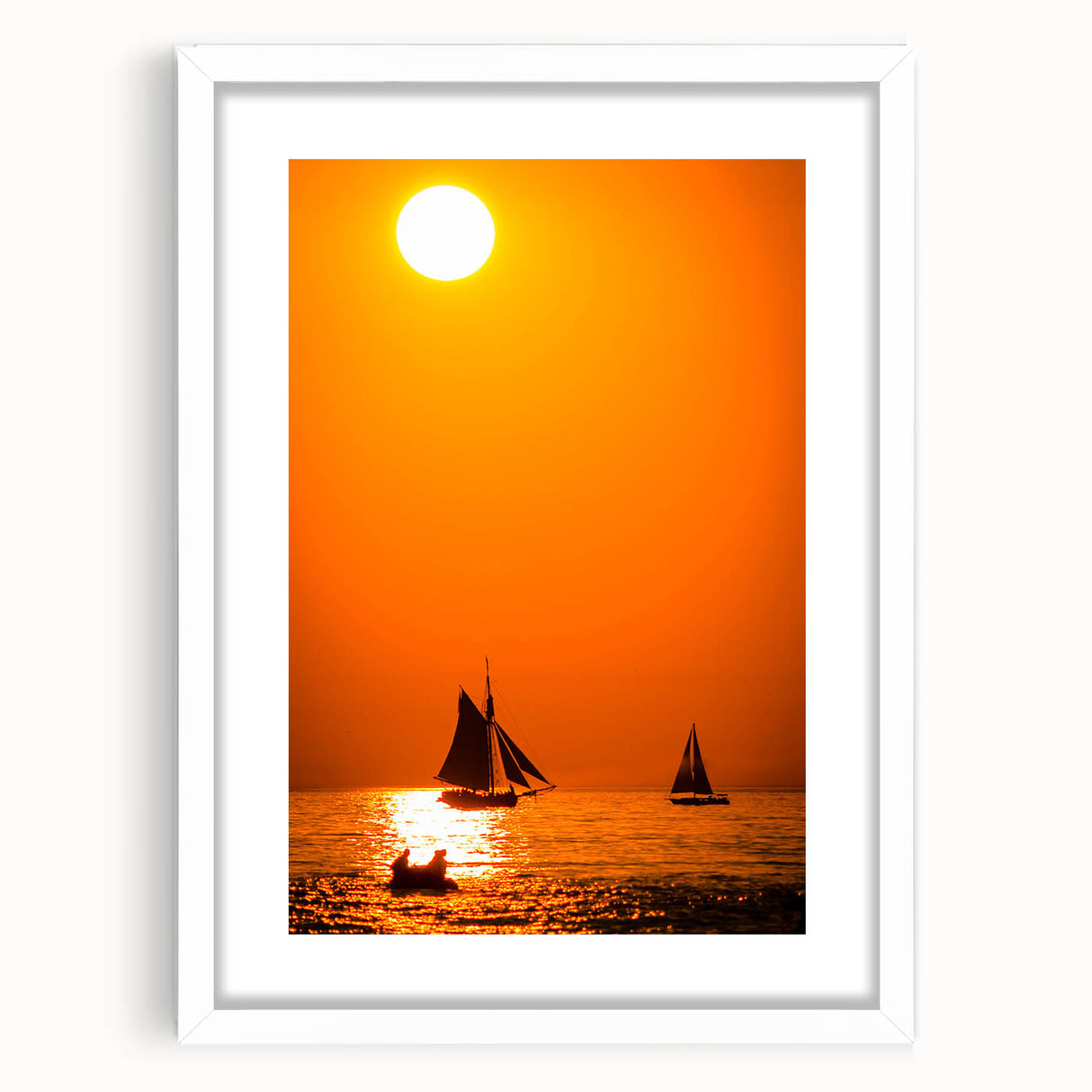 Abstract art print of Lake Michigan in muted blue and green tones, framed with a white mat.