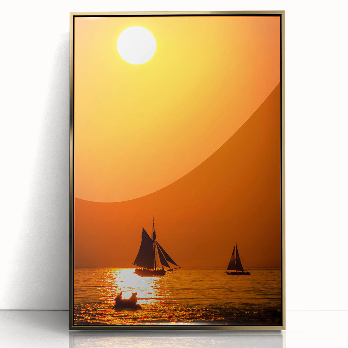 Large art print of Lake Michigan with a mid-century modernist style in gold frame, suited for modern art wall decor.