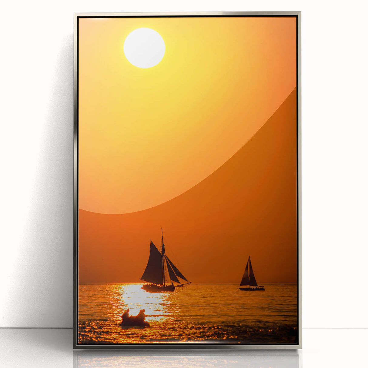Mid-century modernist art of Lake Michigan with muted blue and silver tones, framed in acrylic.