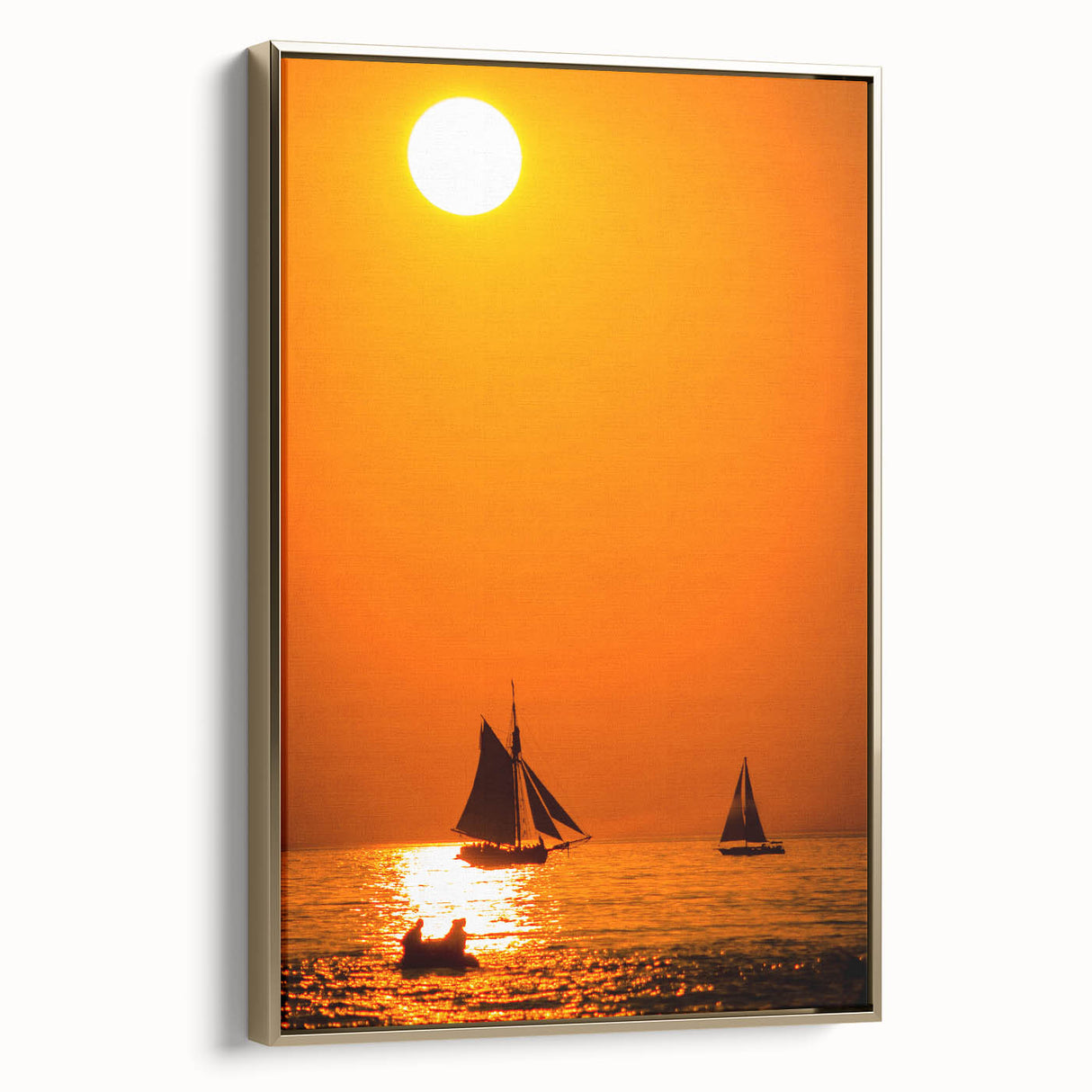 Framed canvas wall art depicting Lake Michigan, featuring a vintage poster style in black and gold tones.