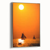 Landscape art painting of Lake Michigan, featuring a vintage poster style with colorful accents on a black framed canvas.