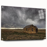 Acrylic print of a large abstract depiction of Kansas scenery in muted earth tones, suited for bedroom or dining room decor.