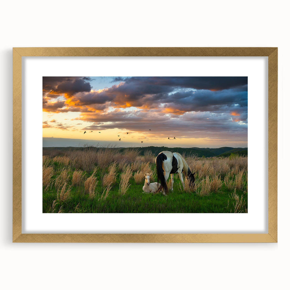Extra large abstract art print of a textured Kentucky landscape in muted earth tones, framed in gold.