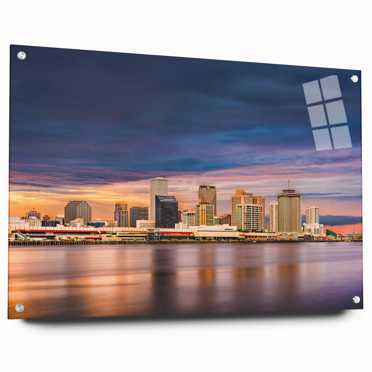 Acrylic print of a New Orleans landscape featuring muted earth tones and a modern abstract style.