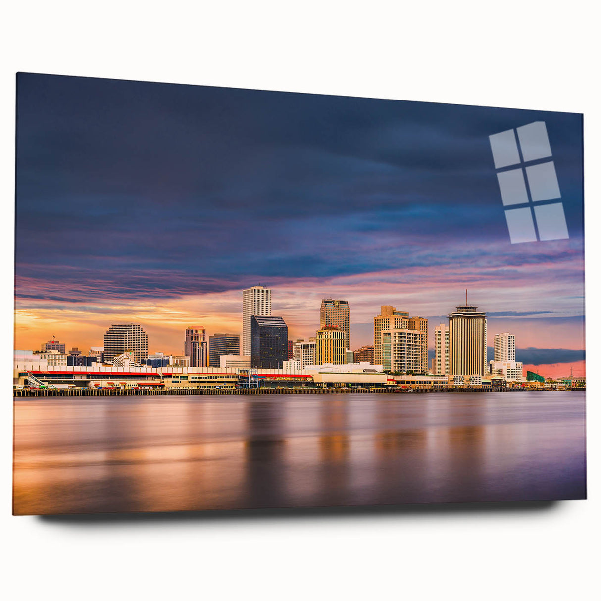 Acrylic print of a large abstract depiction of New Orleans in muted earth tones, ideal for bedroom or dining room art.