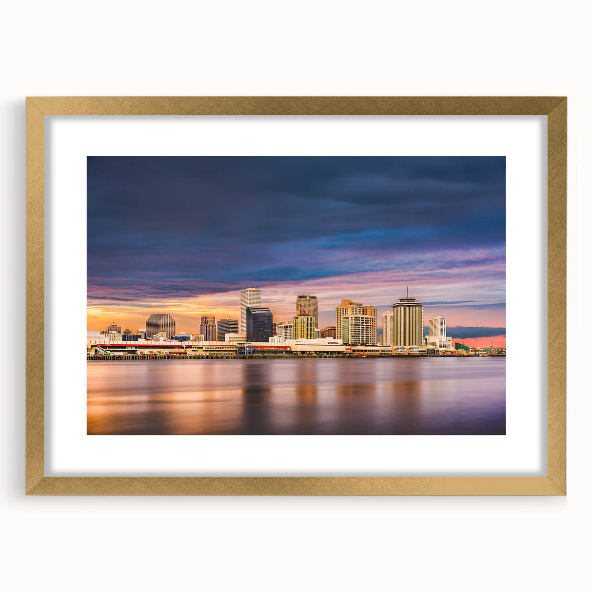 Extra large abstract art print of New Orleans scenery in textured gold frame, ideal for living room decor.