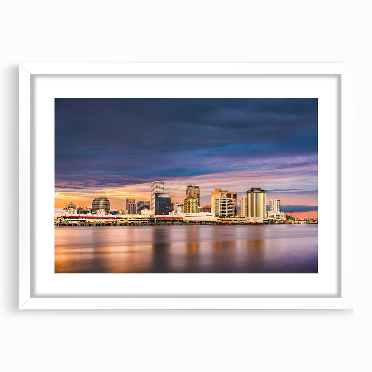 Abstract art print of New Orleans skyline in muted gray and blue tones on a framed poster, suitable for dining room decor.