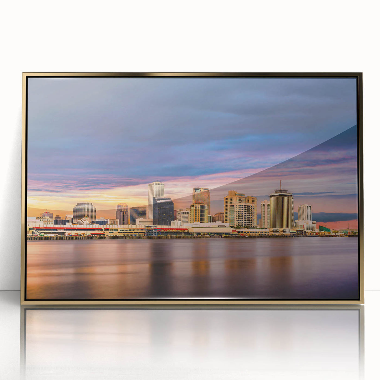 Acrylic print of a mid-century modernist New Orleans scene in muted gold tones, ideal for modern art wall decor.
