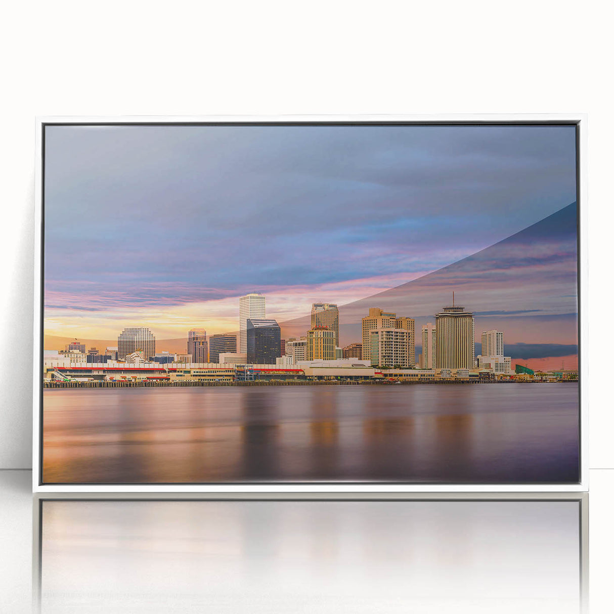 Art deco poster of New Orleans scenery in muted colors on white framed acrylic, suitable for modern art wall decor.