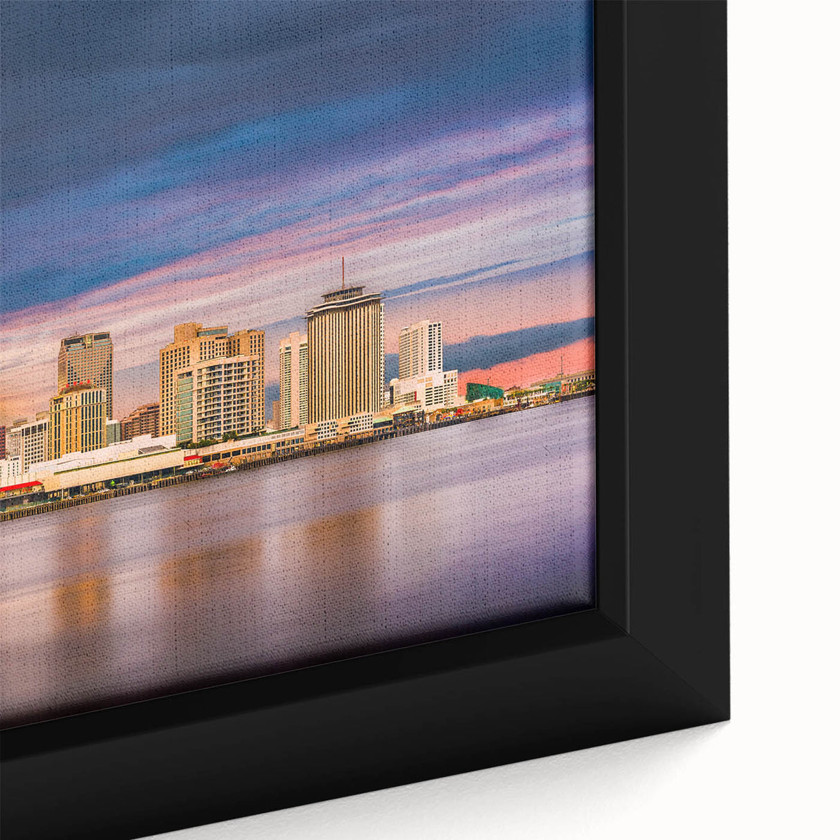 Extra large black wall art depicting a textured New Orleans scenery in colorful hues on a framed canvas.