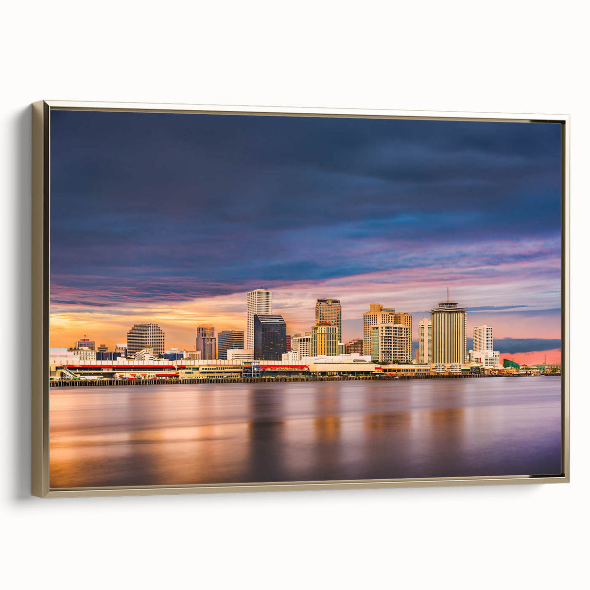 Framed canvas featuring a vintage-style landscape painting of New Orleans in black and gold tones.