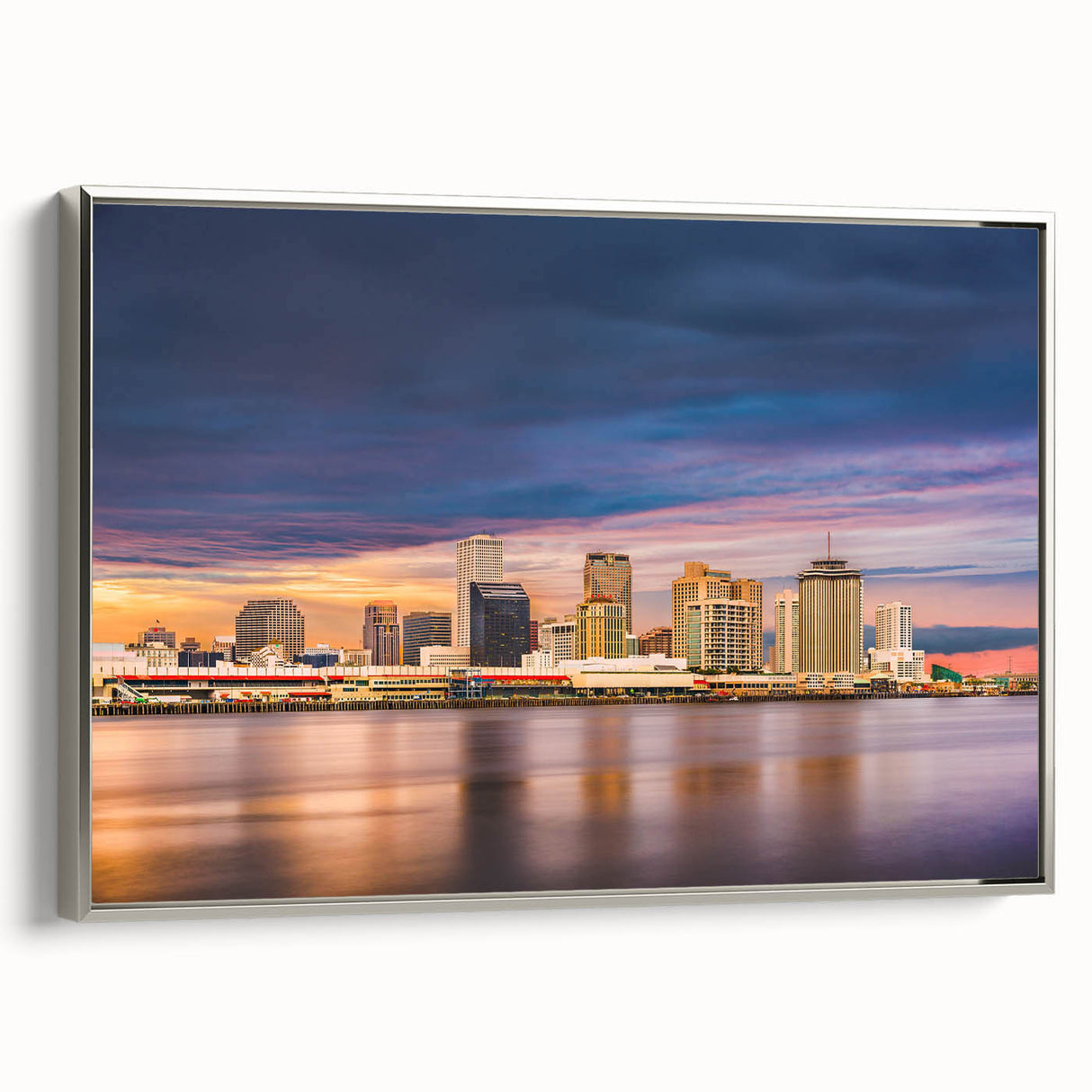 Vintage poster art of New Orleans landscape on framed canvas, featuring colorful art with black accents.
